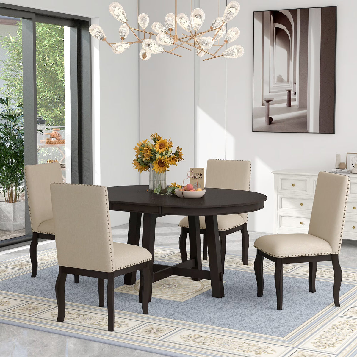 Bellemave 5-Piece Round Dining Table Set, Wood Farmhouse Extendable Dining Table and 4 Upholstered Dining Chairs, Kitchen Dining Table Set for 4 Antique White
