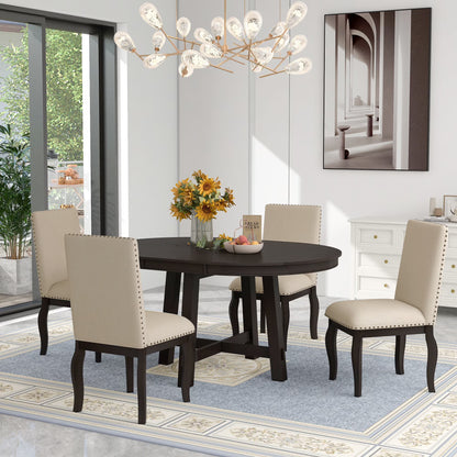 Bellemave 5-Piece Round Dining Table Set, Wood Farmhouse Extendable Dining Table and 4 Upholstered Dining Chairs, Kitchen Dining Table Set for 4 Antique White