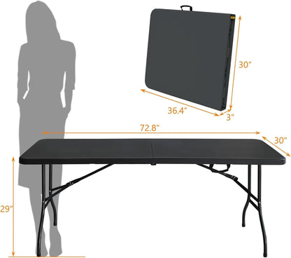 Folding Table with Carry Handle, Portable Fold-in-Half Plastic Table, Rectangle Foldable Table for Indoor