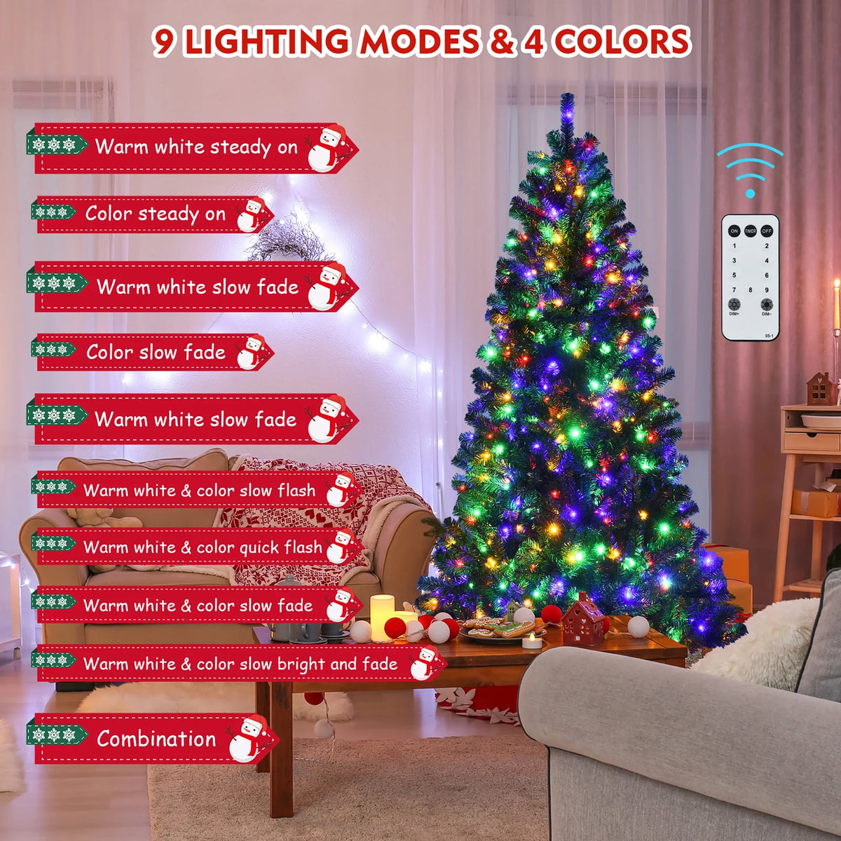 Costway 7ft Pre-lit Hinged Christmas Tree w/ Remote Control & 9 Lighting Modes