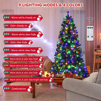 Costway 7ft Pre-lit Hinged Christmas Tree w/ Remote Control & 9 Lighting Modes