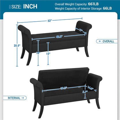 SMILE MART Modern Fabric Tufted Storage Bench with Rolled Arms for Home, Black