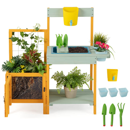 Gymax Wooden Potting Bench for Kids w/ See-Through Window Planter Box Garden Trellis