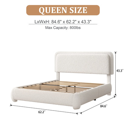 VIPLOV King Size Boucle Bed Frame, Cloud Upholstered Platform Bed with Height Adjustable Headboard & Soft Rounded Corners, No Noise Free, Easy Assembly,Beige