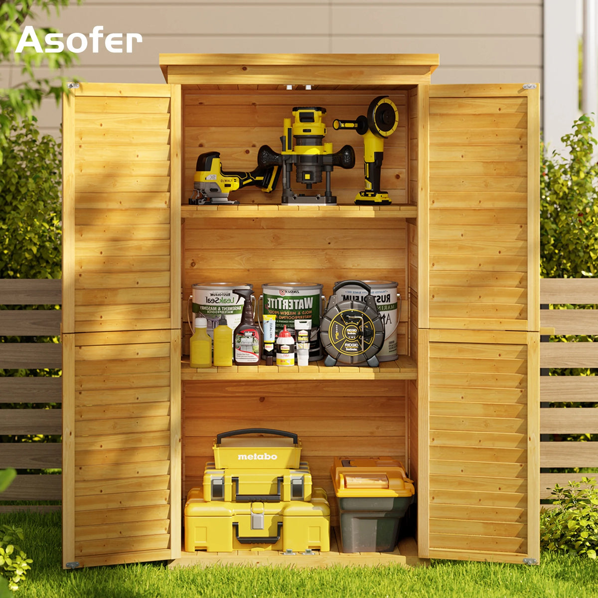 Asofer Outdoor Storage Shed, Storage Cabinet Clearance, Wooden Tool Shed, Deck Cabinet for Outside Patio Lawn