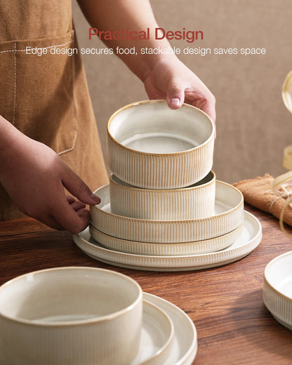 Famiware Star Stoneware Dinnerware Sets, Plates and Bowls Set for 4, 12 Piece Dish Set, Cappuccino White