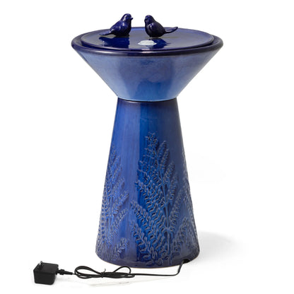 Glitzhome 27.5" Fountain with Pump and LED Light Embossed Pedestal Ceramic Bird Bath, Turquoise