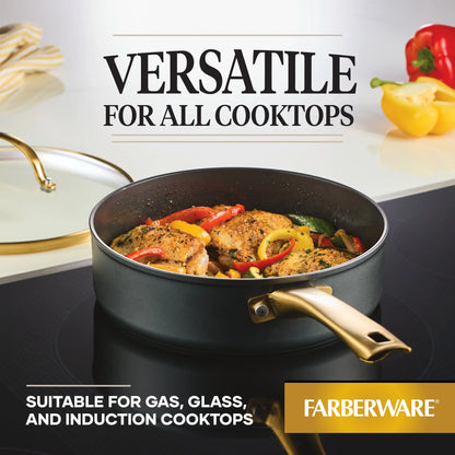 Farberware Forged Induction 12 Pcs Ceramic Nonstick Set with Cooking Tools, Dishwasher Safe and Oven Safe to 500F, Black