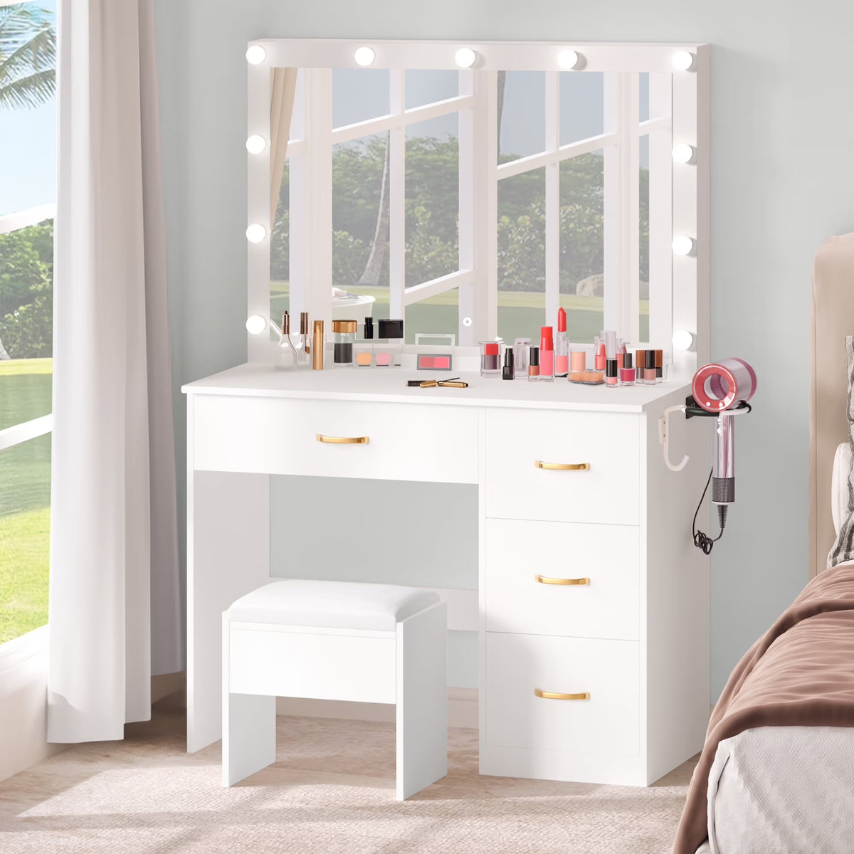 Dextrus Makeup Vanity Desk with Large Lighted Mirror and Storage - Enhance Your Beauty, Routine 4 Drawer Vanity Table with Cushioned Stool, Milky-White