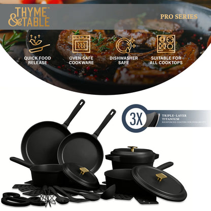 Thyme & Table 18-Piece Non-stick Diecast Cookware & Silicone Utensil Set, Pots and Pans Set - Atlantic Blue