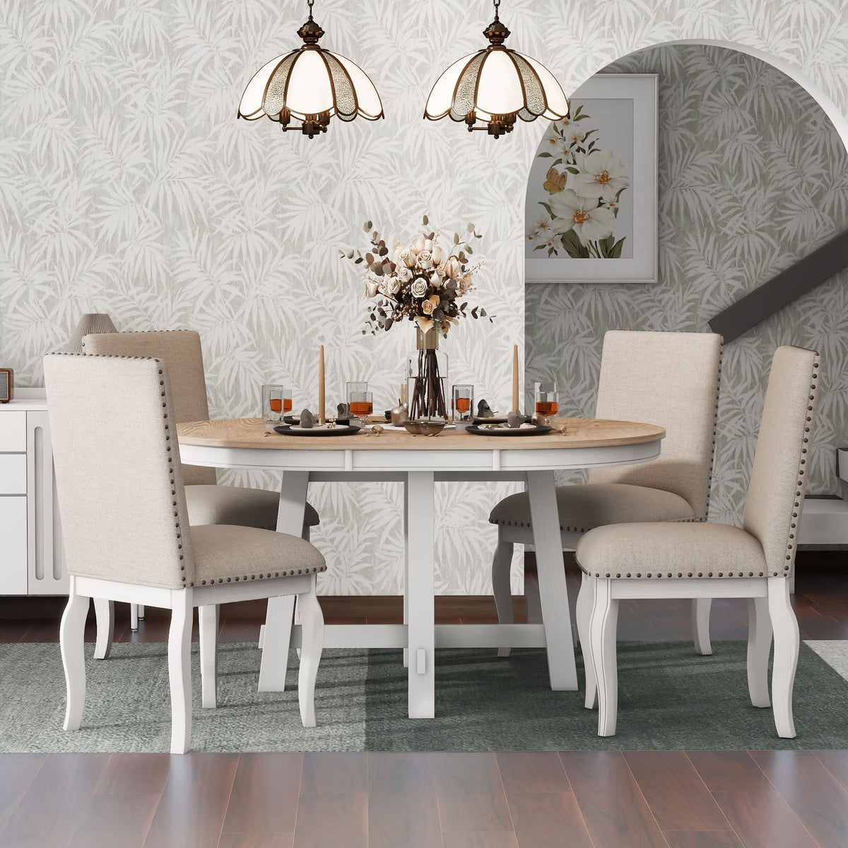 Bellemave 5-Piece Round Dining Table Set, Wood Farmhouse Extendable Dining Table and 4 Upholstered Dining Chairs, Kitchen Dining Table Set for 4 Antique White