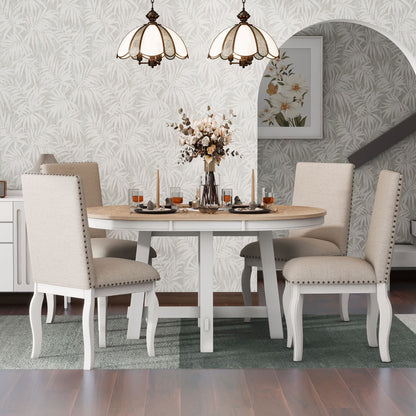 Bellemave 5-Piece Round Dining Table Set, Wood Farmhouse Extendable Dining Table and 4 Upholstered Dining Chairs, Kitchen Dining Table Set for 4 Antique White