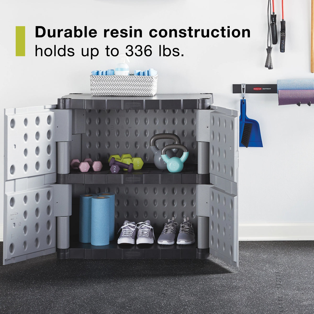 Rubbermaid Double-Door 2-Shelf Cabinet, Black and Gray