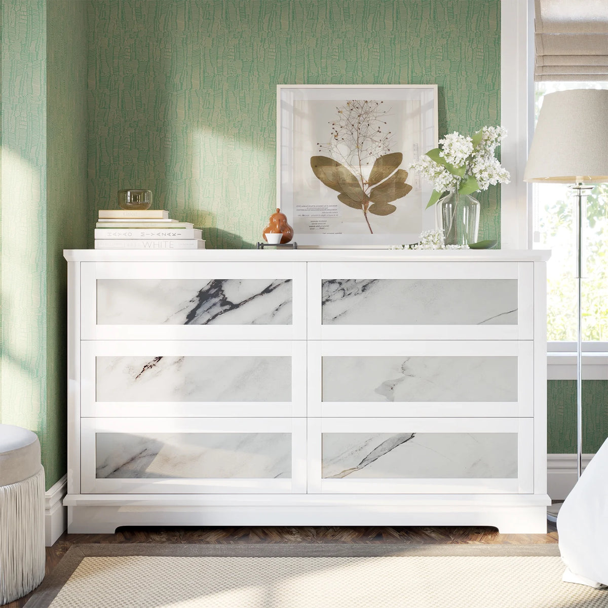 LUXOAK High-Gloss 6 Drawer Dresser, 54" Marble Chest of Drawers, Modern, White