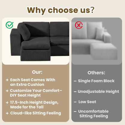 Cloud Sectional Couches for Living Room, Modular L-Shaped Sofa with Ottoman, Corduroy Sleeper Sofa Bed, No Assembly Compression Memory Foam Couch,White