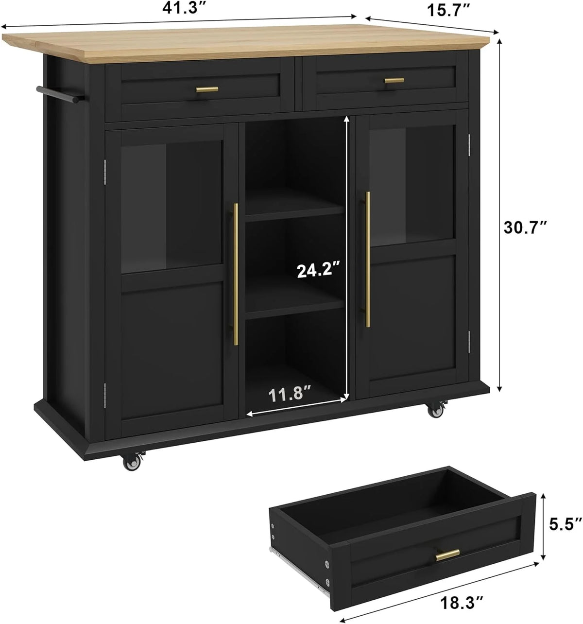 WALYWIK Foldable Kitchen Island Cart with Wheels, 2 Glass Doors, Spice Rack & Towel Holder Compact Mobile Storage Cart for Small Kitchens, Dining Rooms, Camping & RVs - Grey