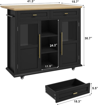 WALYWIK Foldable Kitchen Island Cart with Wheels, 2 Glass Doors, Spice Rack & Towel Holder Compact Mobile Storage Cart for Small Kitchens, Dining Rooms, Camping & RVs - Grey