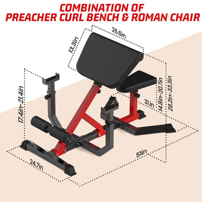 TROPOW 2-In-1 Roman Chair & Preacher Curl Bench Multi-Function Heavy-Duty Hyperextension Bench for Arms, Ab, Back, Glute & Leg Extension with Adjustable Height Exercise Equipment