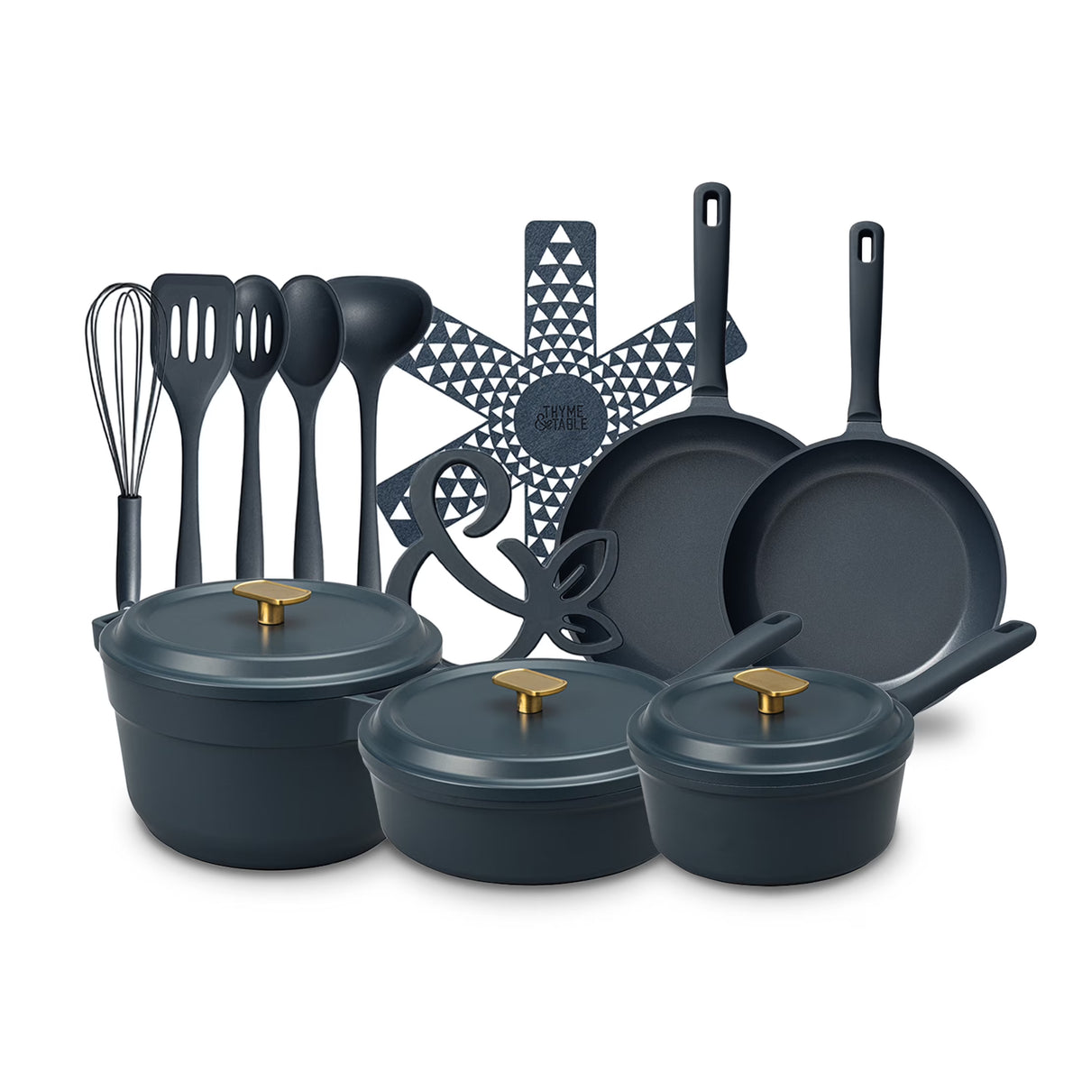Thyme & Table 18-Piece Non-stick Diecast Cookware & Silicone Utensil Set, Pots and Pans Set - Atlantic Blue