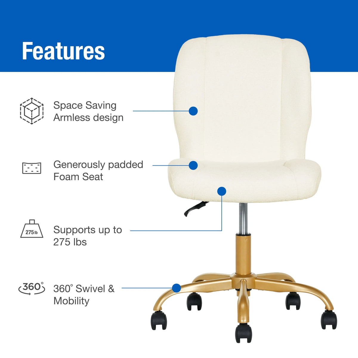 Mainstays Boucl Armless Office Chair for Adults and Teens, Cream