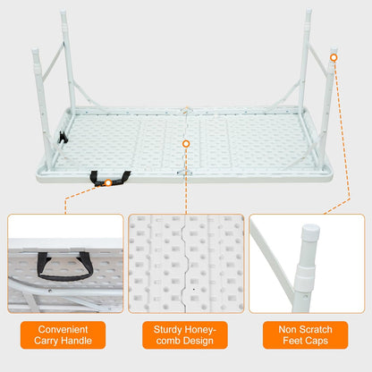 Folding Table with Carry Handle, Portable Fold-in-Half Plastic Table, Rectangle Foldable Table for Indoor
