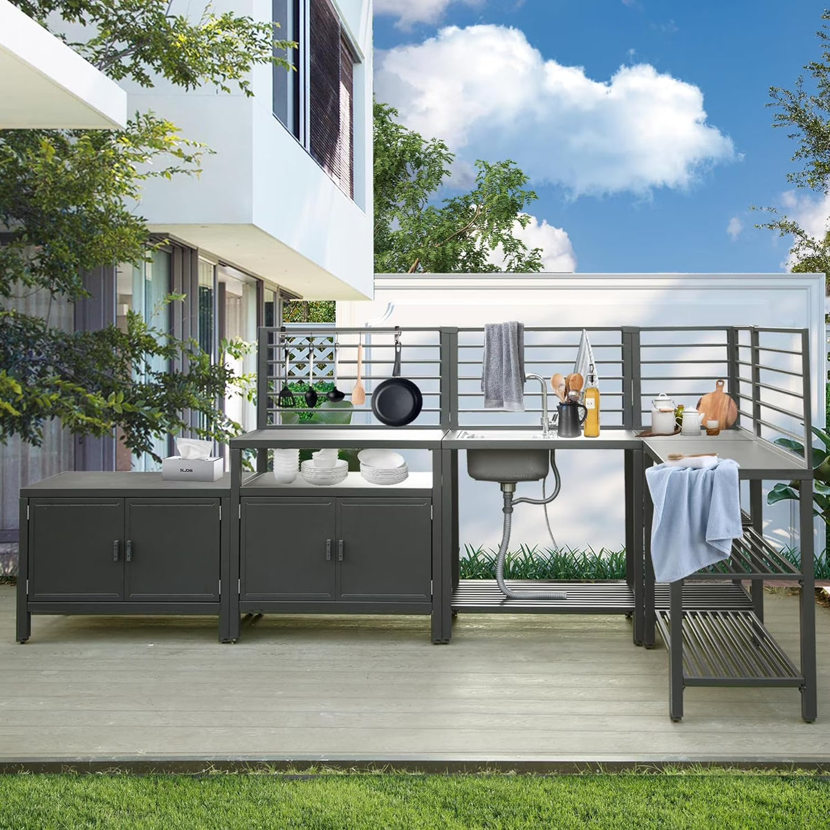 Domi Outdoor Kitchen Series 5-Piece Modular Outdoor Kitchen, Aluminum Storage Islands Sink Table, Corner Bar Cabinet Grill Storage Cabinet with Protective Cover, Outdoor Kitchen for Deck, Patio, Backy