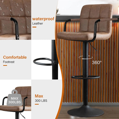 JONPONY Bar Stools Set of 2, Back and Armrest,Vintage Leather Modern Bar Chairs for Home and Kitchen Counter,Black,Low Back