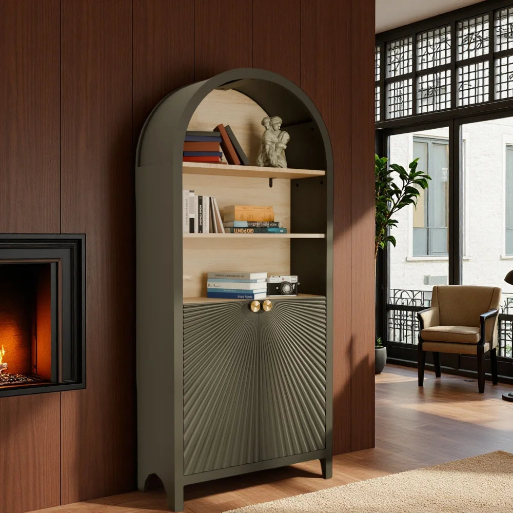 MIDOQIN 5-Tier Black Arched Bookshelf, 61" Tall Arched Bookcase with Storage Shelves and Door