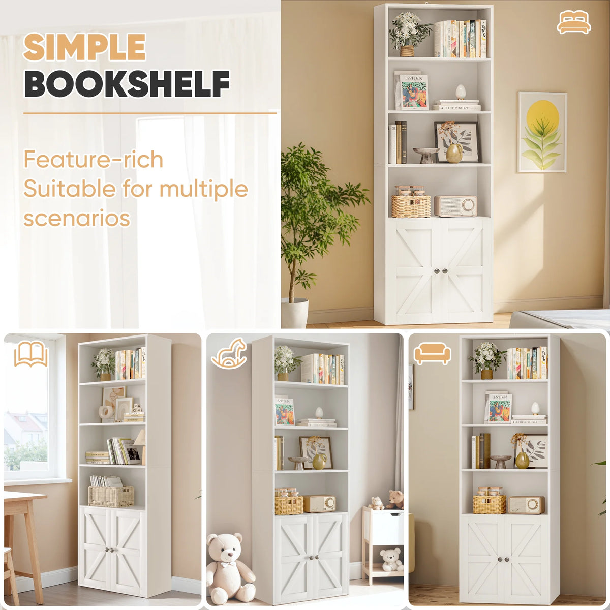 Furmax 1 Piece 4-Shelf Farmhouse Bookcases 4-Tier Bookshelf with Adjustable Shelves&Doors,Storage Cabinet for Home Living room,Kitchen,Office,White