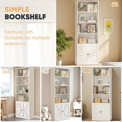 Furmax 1 Piece 4-Shelf Farmhouse Bookcases 4-Tier Bookshelf with Adjustable Shelves&Doors,Storage Cabinet for Home Living room,Kitchen,Office,White