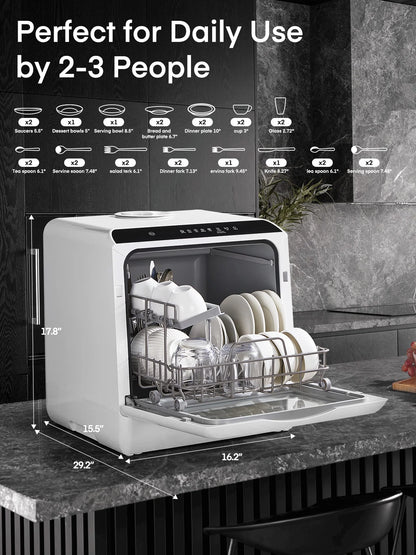 FOHERE Countertop Dishwasher with 6H Delay Cleaning, Portable Dishwasher w/5L Built-in Water Tank, 6 Programs, 360 Dual Spray, High-Temp