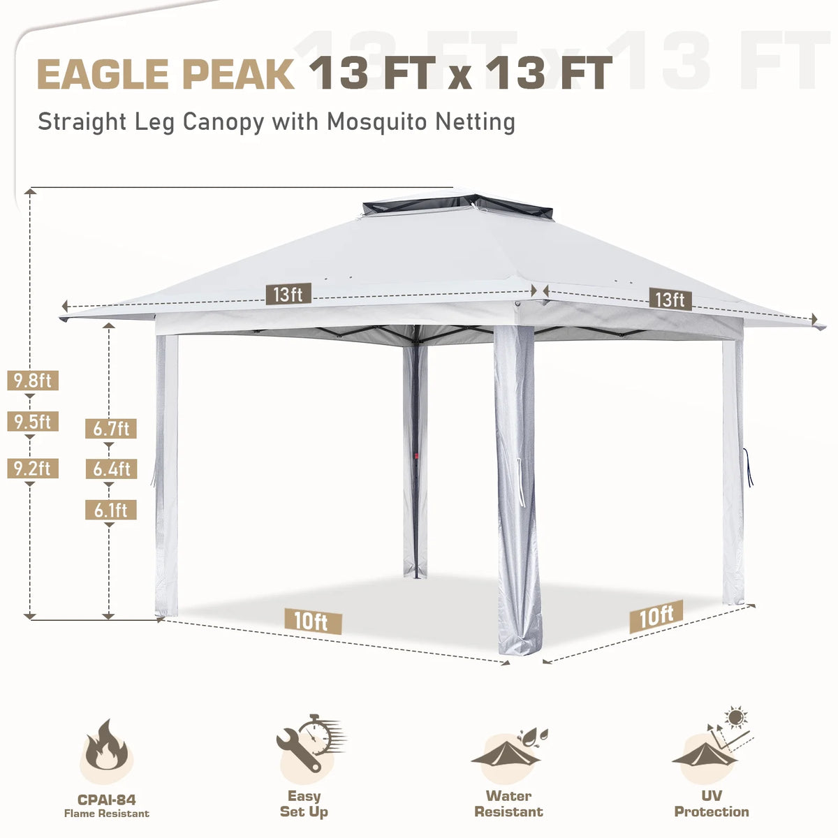 EAGLE PEAK 13' x 13' Pop-Up Gazebo Tent Instant w/Mosquito Netting，Outdoor Gazebo Canopy Easy Set-up Folding Shelter (Beige/Brown)