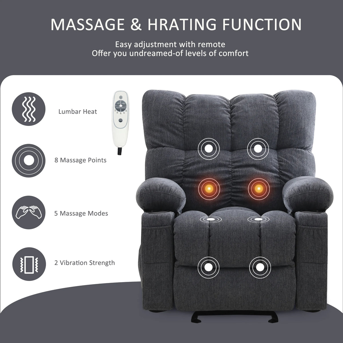 JONPONY Manual Recliner Chair with Heat Therapy and Massage Function, Heavy Duty Reclining Mechanism Massage Chair, Elderly Single Rocker Sofa with Cup Holders for Bedroom Home Theater,Grey