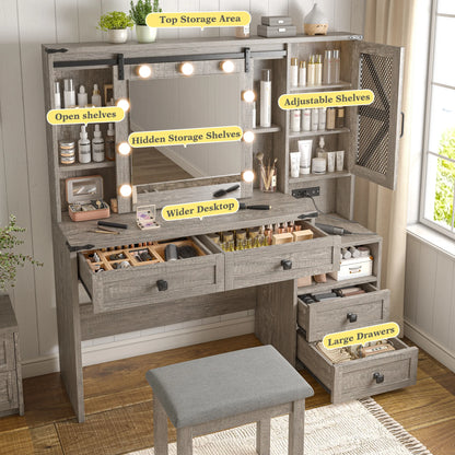 EnHomee Makeup Vanity Desk with Lighted Mirror Large Vanity with 4 Drawers Farmhouse Vanity Set with Mirror and Lights,White