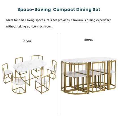 7-Piece Dining Table Set with 6Stools - Industrial Compact Kitchen Table & Chairs Sets, Space-Saving Design for Apartment, Small Space, Breakfast Nook