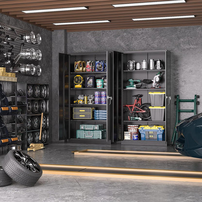 SOLAURA 72 Inches Tall Metal Garage Storage Cabinets, Lockable Storage Cabinet with Doors and Adjustable Shelves for Office, Home, Shops, Garage, Black