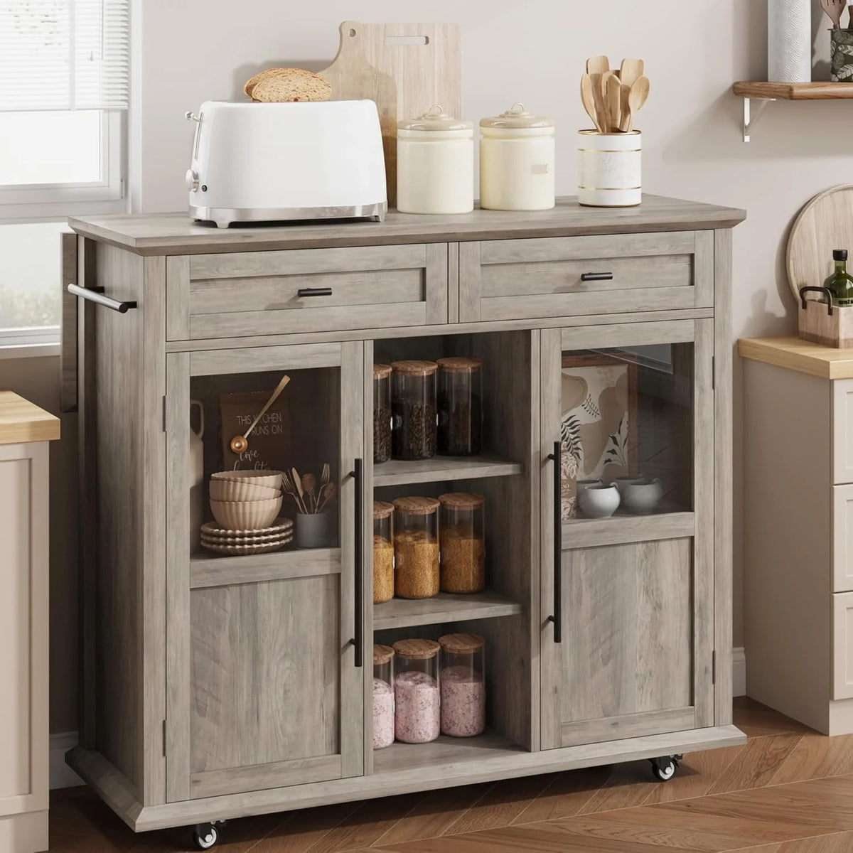 WALYWIK Foldable Kitchen Island Cart with Wheels, 2 Glass Doors, Spice Rack & Towel Holder Compact Mobile Storage Cart for Small Kitchens, Dining Rooms, Camping & RVs - Grey