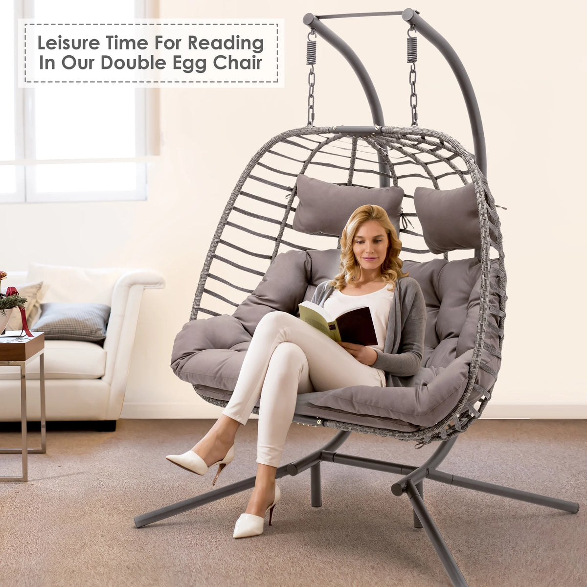 Brafab 2 Person Swing Egg Chair with Sturdy Stand and Fluffy Cushion, Large Double Hand-Woven Wicker Rattan Hanging Egg Chairs, Porch Swing Loveseat 500LBS Capacity for Indoor Outdoor, Light Grey