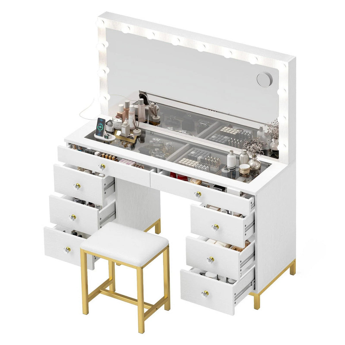 Uforic 55" Vanity Desk with Lighted Mirror & Power Outlet & 8 Drawers, Modern Makeup Vanity Table Set with Storage Stool, White