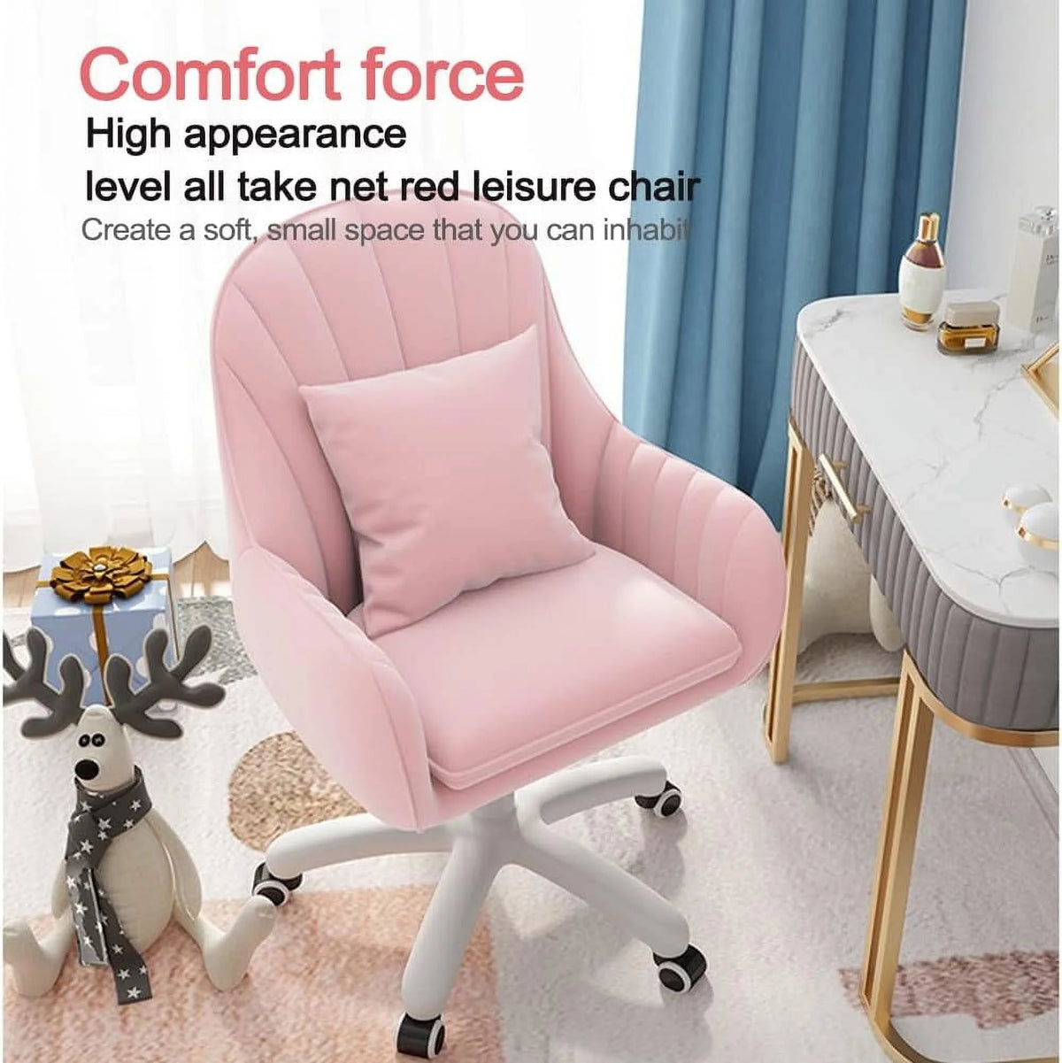 Home Office Chair Computer Chair with Mid-Back Upholstered Modern Tufted Computer Task Chair Swivel Height Adjustable Velvet Accent Chair. White