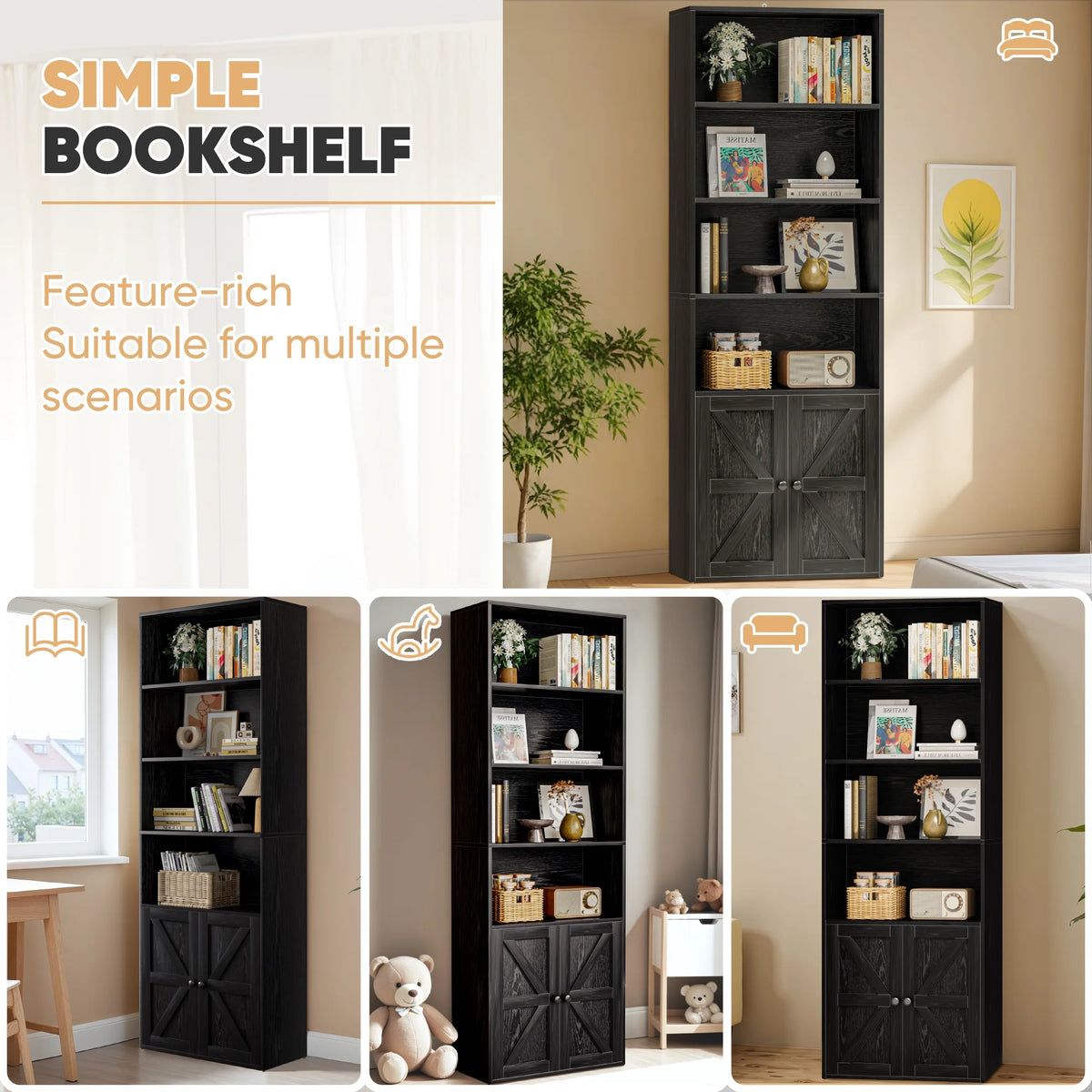 Furmax 1 Piece 4-Shelf Farmhouse Bookcases 4-Tier Bookshelf with Adjustable Shelves&Doors,Storage Cabinet for Home Living room,Kitchen,Office,White