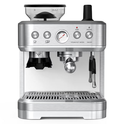 Espresso Machine with Milk Frother and Grinder, 2.5L Water Tank, Brushed Stainless Steel