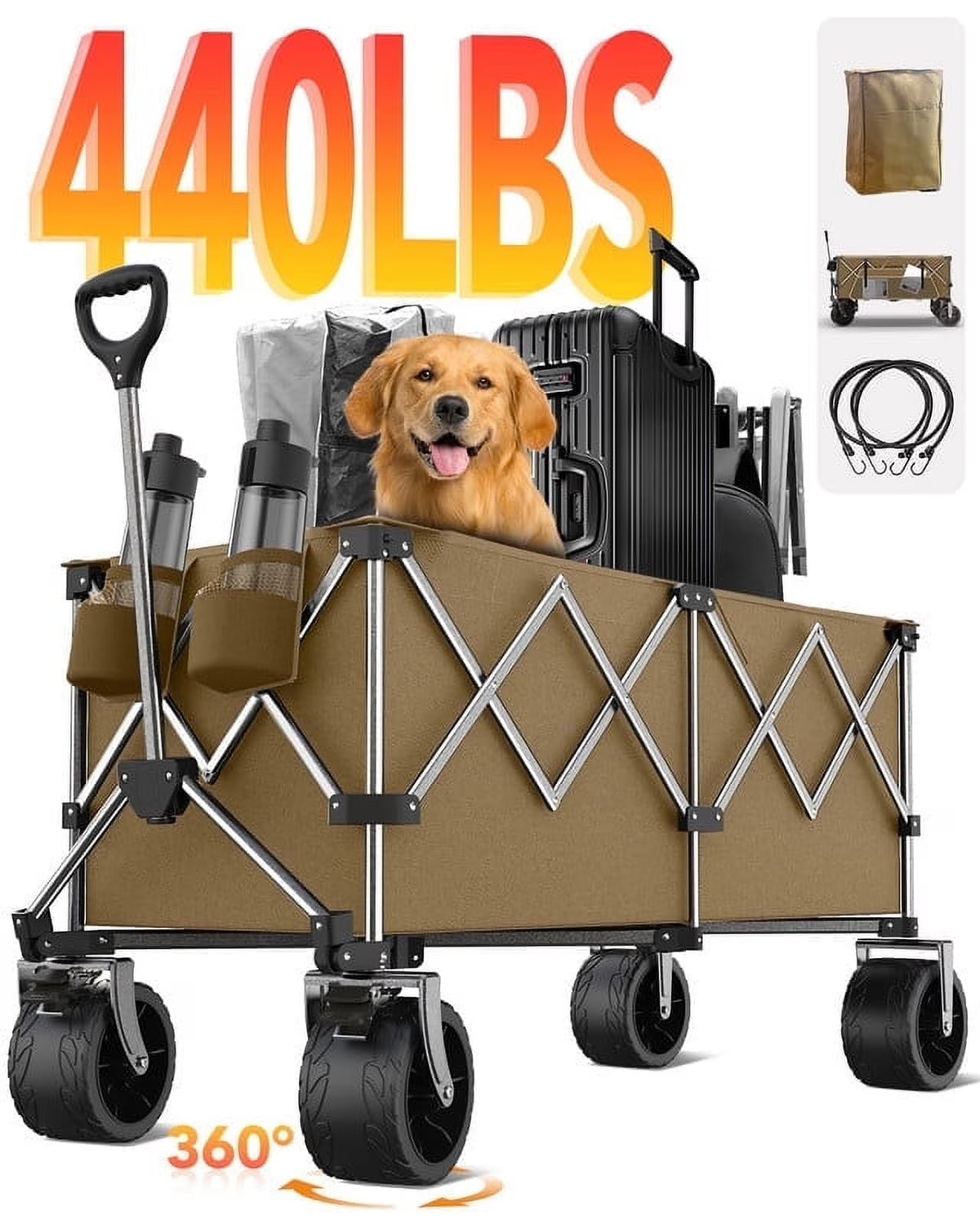 KEESTP Collapsible Wagon, 440LBS Heavy Duty Wagon Carts Foldable with Side Pocket and Brakes, 66 Gallon Large Capacity Foldable Wagon-gray