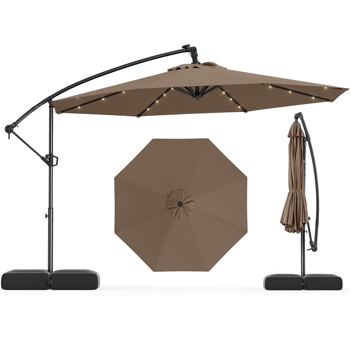 Costway 10 FT Solar Offset Hanging Umbrella Patio Cantilever Umbrella with 32 LED Lights Brown