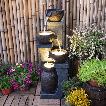 37.4 H Outdoor Water Fountain with 4 Crocks, Modern LED Lighted Garden Floor Fountain for Patios and Yards Durable Resin Water Feature with Cascading Waterfall Design for Indoor/Outdoor Dcor
