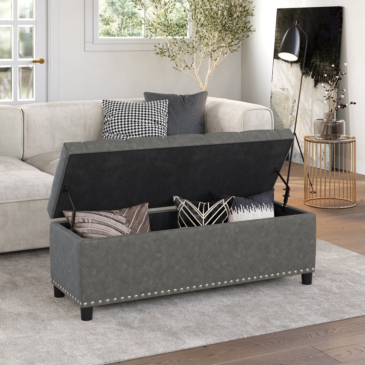 BELLEZE Button-Tufted Faux Leather Storage Ottoman Bench - Brentwood (Dark Brown)