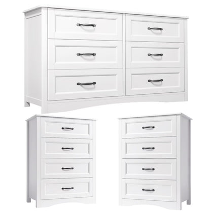 Lofka 3 Piece Nightstands and Dressers Sets , 6 Drawer Dresser & 4 Drawers Nightstand set of 2,Modern Engineered Wood ,White