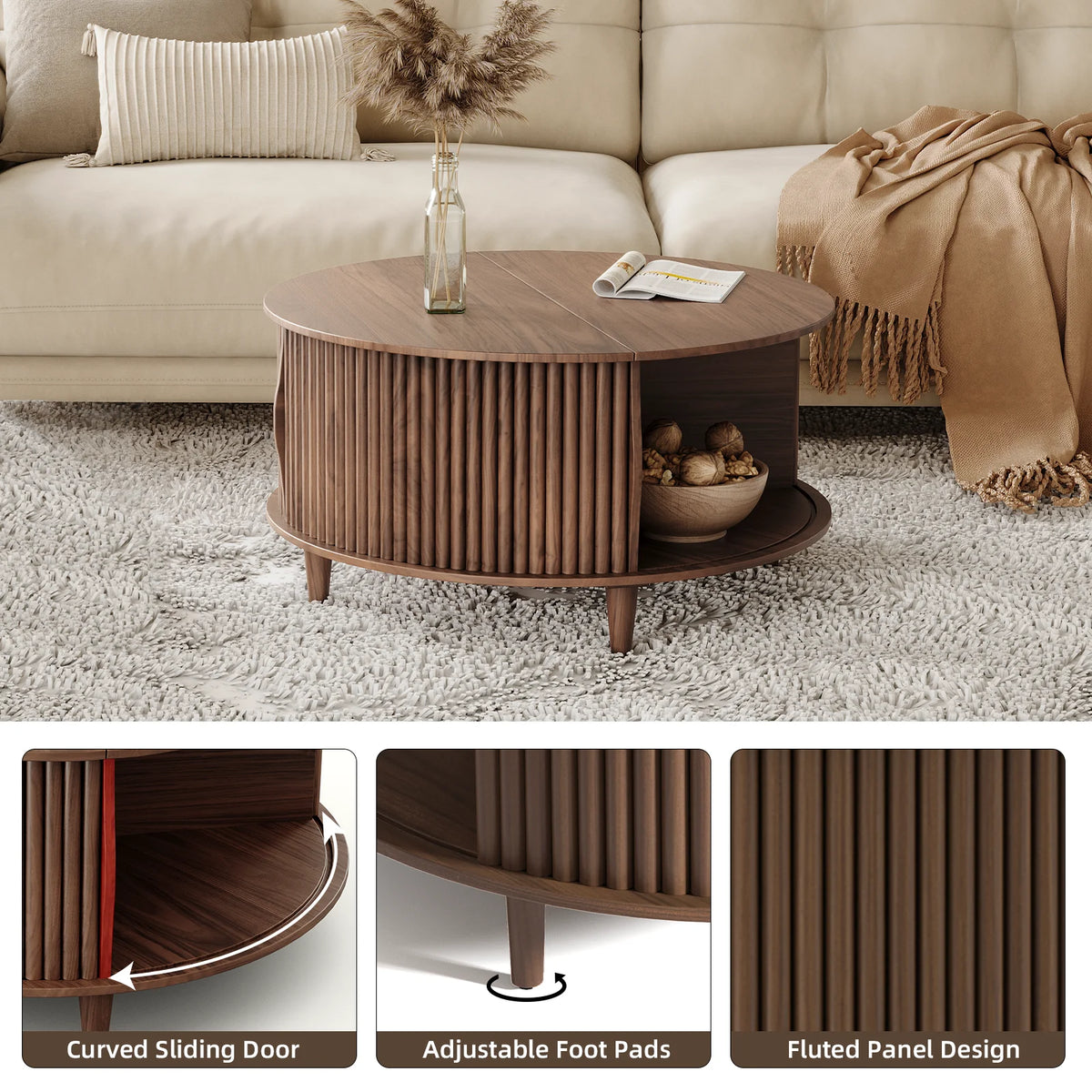 JOINICE Round Coffee Table with Storage and Sliding Door,Mid Century Modern Wooden Center Table,for Living Room,Walnut