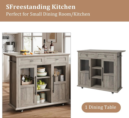 WALYWIK Foldable Kitchen Island Cart with Wheels, 2 Glass Doors, Spice Rack & Towel Holder Compact Mobile Storage Cart for Small Kitchens, Dining Rooms, Camping & RVs - Grey
