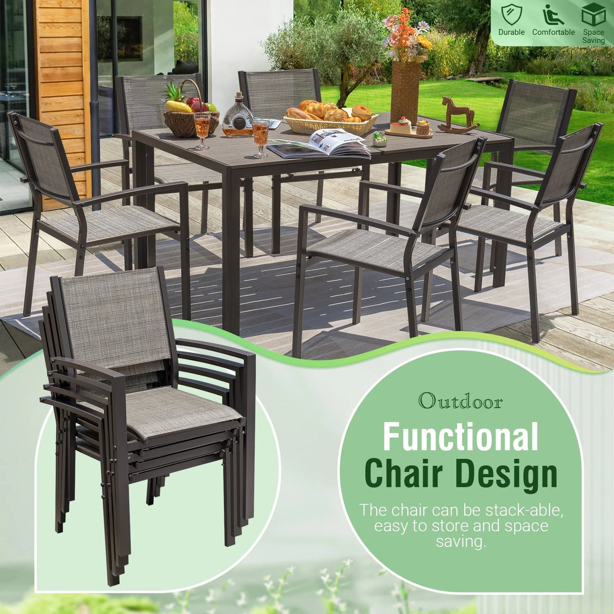 Devoko 7 Pieces Patio Conversation Set,  Patio Dining Set Outdoor Furniture Set 6 Stackable Textilene Armchairs with Rectangular Table, Light Gray